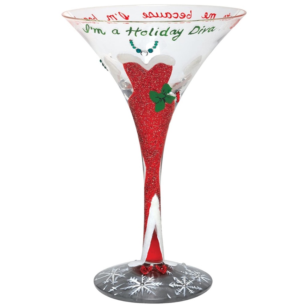 Lolita Holiday Diva Martini Glass | Hand Painted Glitter Rhinestone Cocktail Cup